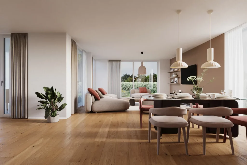 Innenraum-Visualisierung eines offenen Ess- und Wohnbereichs mit Esstisch, moderner Bestuhlung, Holzfußboden, grossen Fensterflächen und Blick in den Garten.