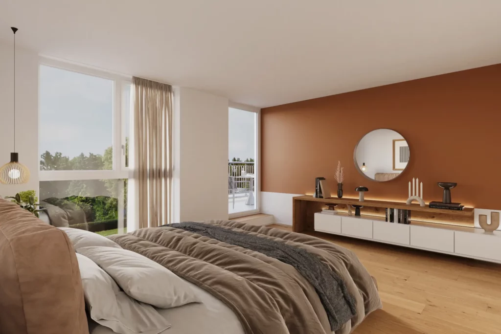 Innenraum-Visualisierung eines modernen Schlafzimmers mit grossem Bett, warmen Farbtönen, bodentiefen Fenstern und Zugang zum Balkon.