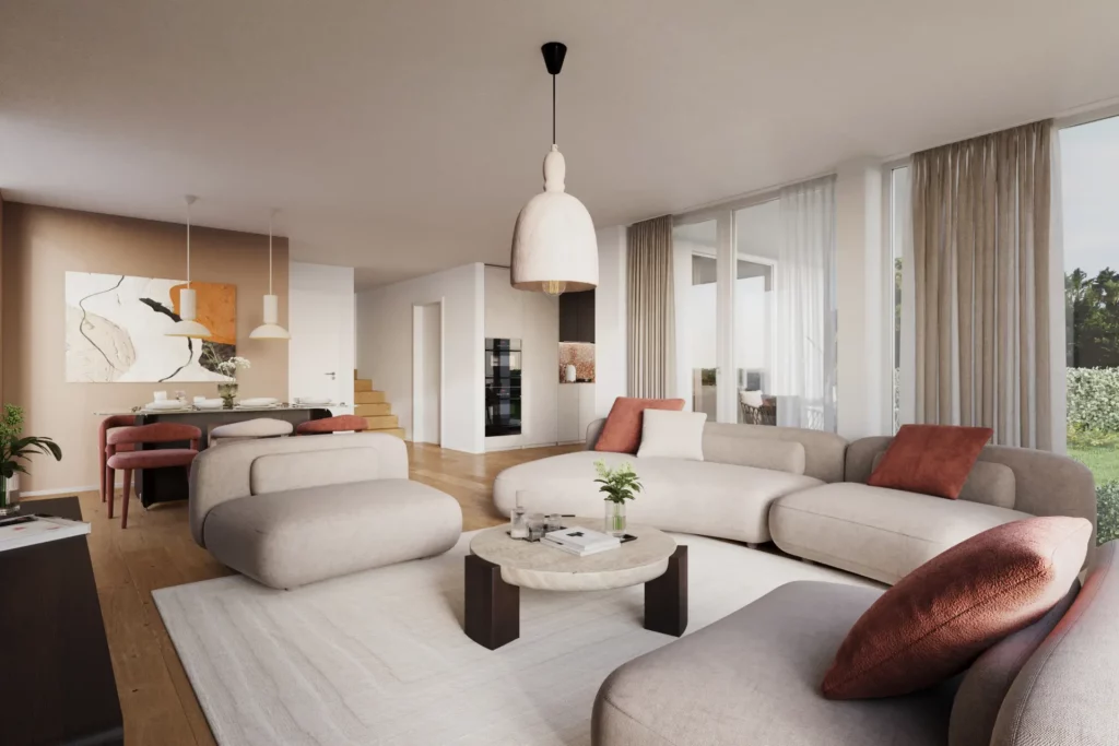 Innenraum-Visualisierung eines offenen Wohn- und Essbereichs mit moderner Möblierung, großen Fensterflächen, Holzfußboden und angrenzender Küche.