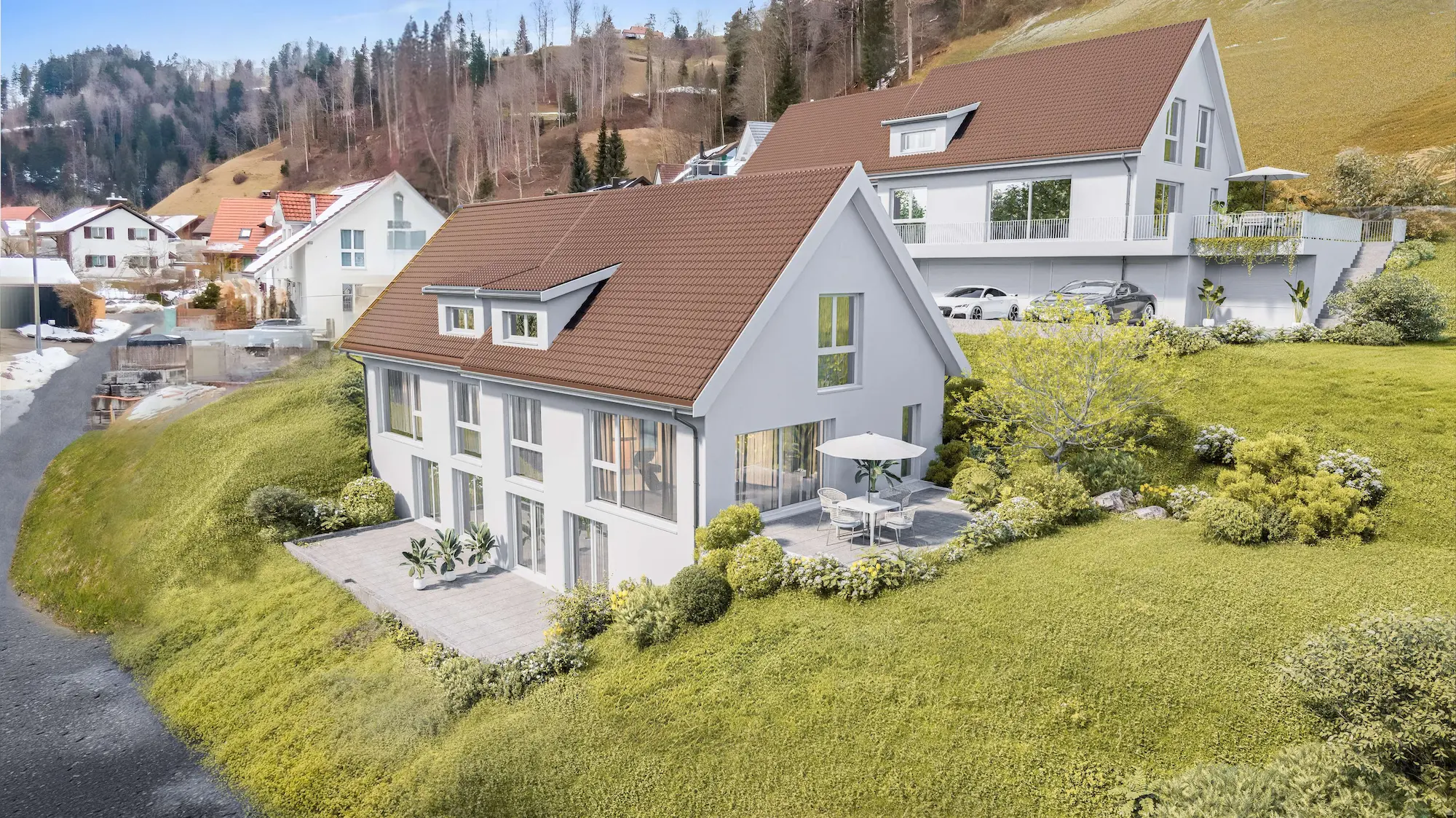 Visualisierung von zwei Doppeleinfamilienhäusern mit Gartensitzplatz und Satteldach neben grüner Wiese und mit Wald im Hintergrund.